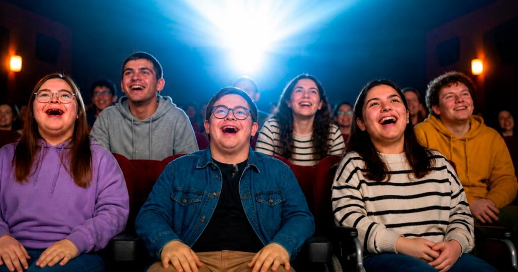 Ragazzi con disabilità sono seduti sulla platea di un cinema, entusiasti del film che stanno guardando