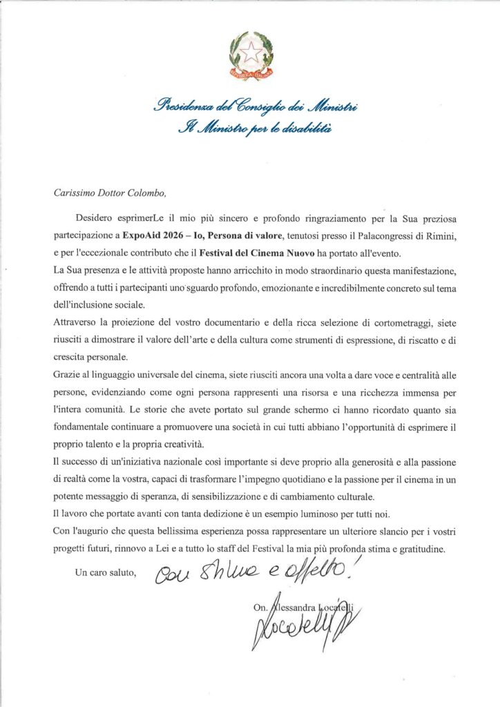 Lettera di ringraziamento del Ministro Alessandra Locatelli a Luigi Colombo del Festival del Cinema Nuovo, per la parteciazione a ExpoAid 2026